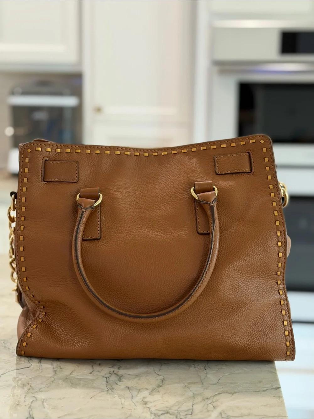 Michael Kors Cognac Leather Satchel with Gold-Tone Lock